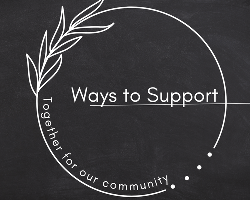 An image, with a black chalk board background. It states, "Ways to support, Together for our community"